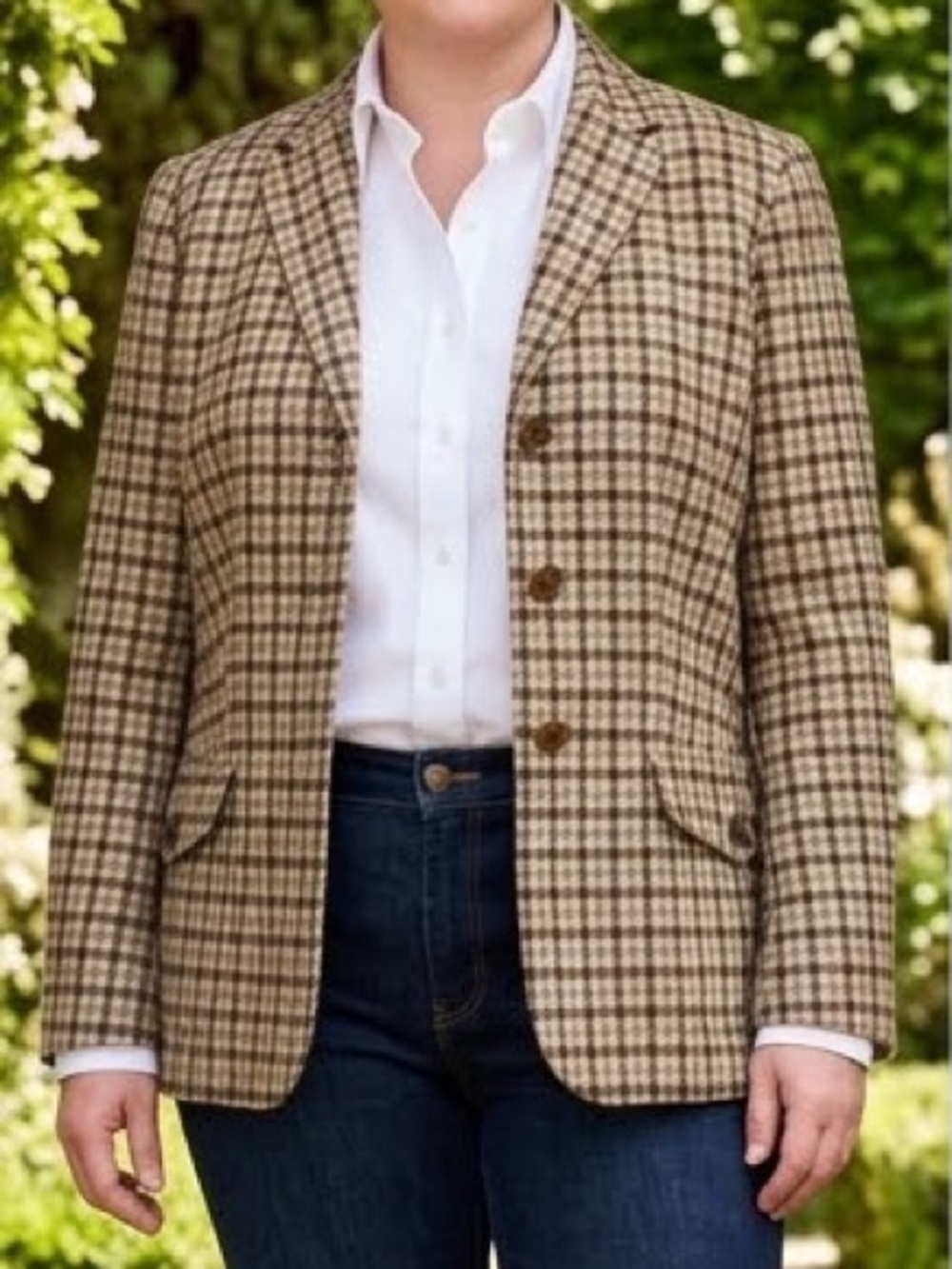 Lands' End Plaid Wool Blazer in Brown & Blue Size 14P